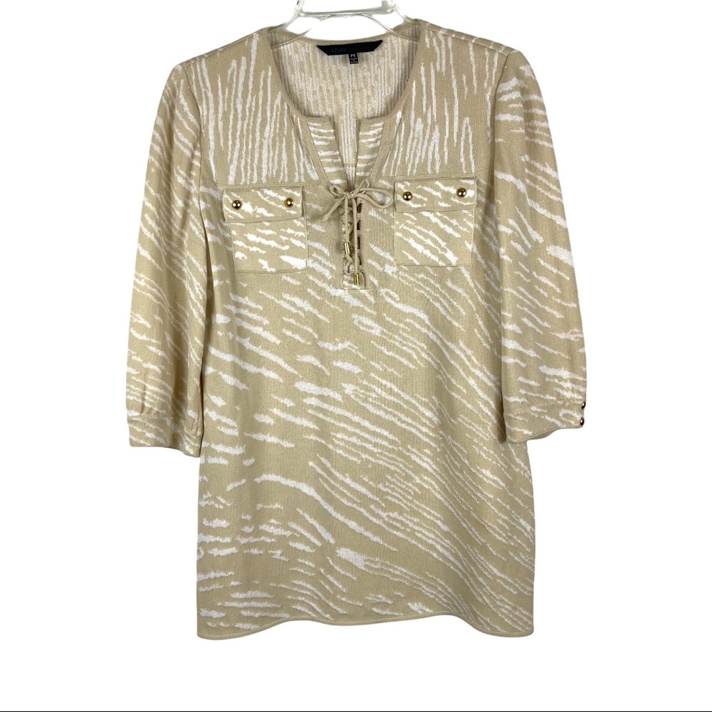Azure Ming Wang Beige Gold Stripe Tunic Sweater Lace Up Womens Size PS